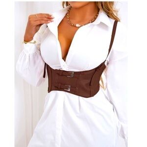 Womens Sexy Steampunk Vegan Brown Leather Bustier Underbust Waist Belt Corset